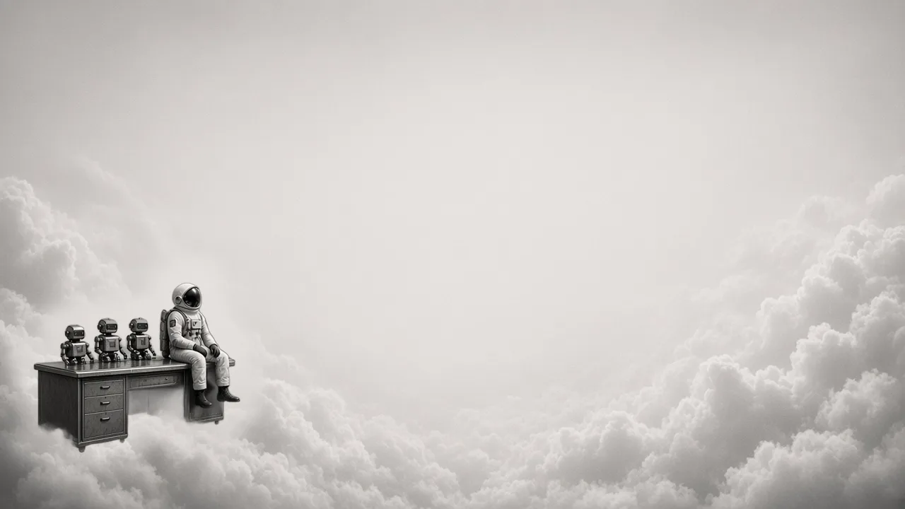 Astronaute assis sur un bureau, avec trois robots, au-dessus des nuages