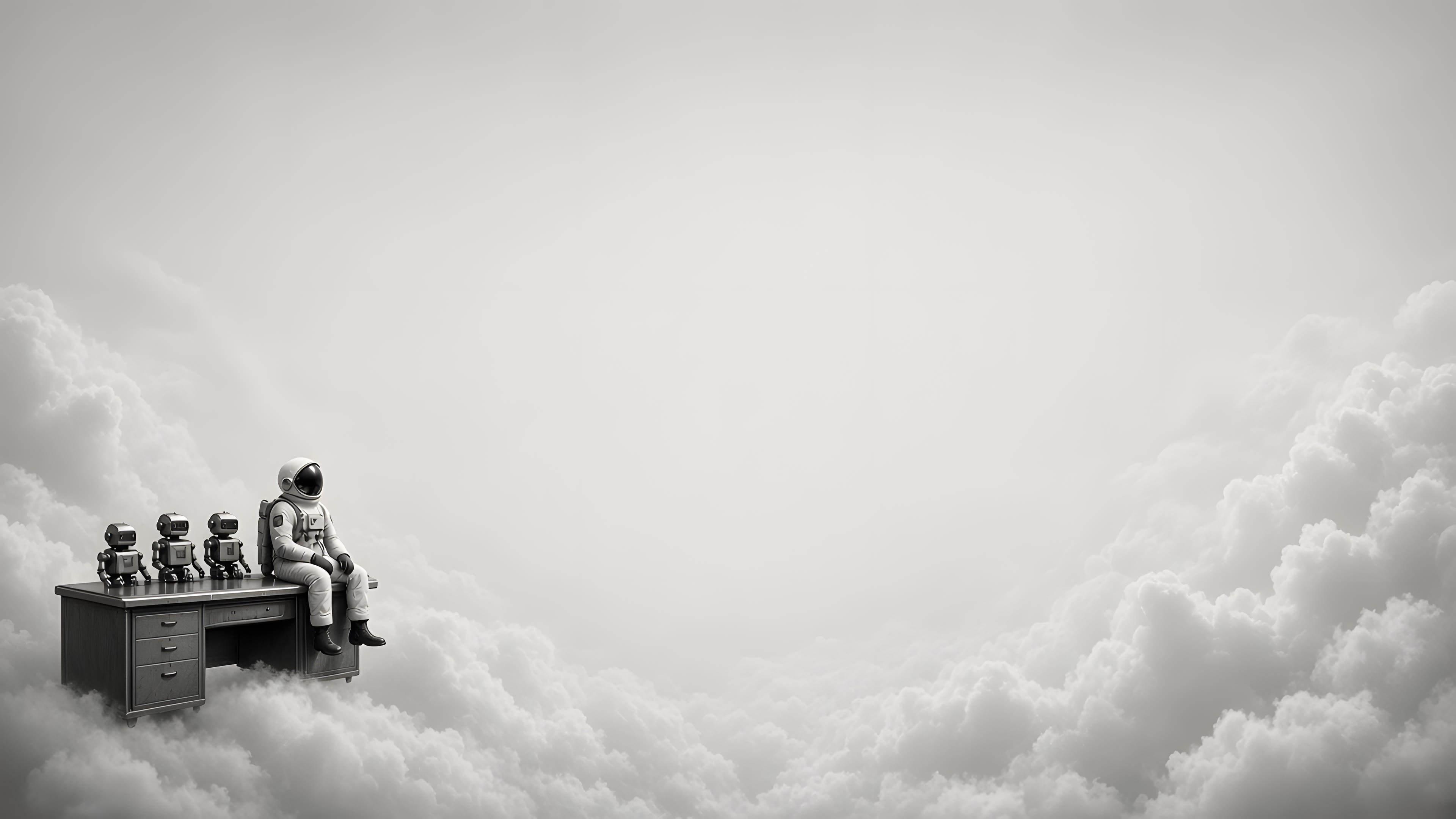 Astronaute assis sur un bureau, avec trois robots, au-dessus des nuages